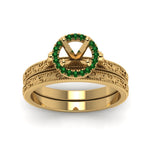 Load image into Gallery viewer, hand-engraved-semi-mount-halo-diamond-wedding-ring-set-with-emerald-in-yellow-gold-FD8588ROSMGEMGRANGLE5-NL-YG?v=1757666482

