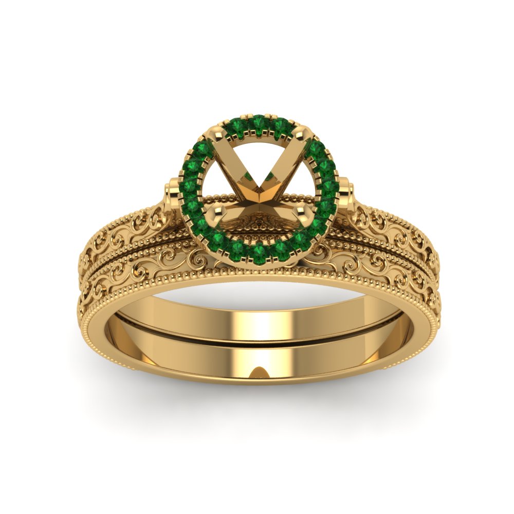 hand-engraved-semi-mount-halo-diamond-wedding-ring-set-with-emerald-in-yellow-gold-FD8588ROSMGEMGRANGLE5-NL-YG?v=1757666482