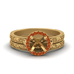 Load image into Gallery viewer, hand-engraved-semi-mount-halo-diamond-wedding-ring-set-with-orange-sapphire-in-yellow-gold-FD8588ROSMGSAOR-NL-YG?v=1757666488
