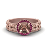 Load image into Gallery viewer, hand-engraved-semi-mount-halo-diamond-wedding-ring-set-with-pink-sapphire-in-rose-gold-FD8588ROSMGSADRPI-NL-RG?v=1757666482
