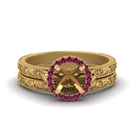 Load image into Gallery viewer, hand-engraved-semi-mount-halo-diamond-wedding-ring-set-with-pink-sapphire-in-yellow-gold-FD8588ROSMGSADRPI-NL-YG?v=1757666482
