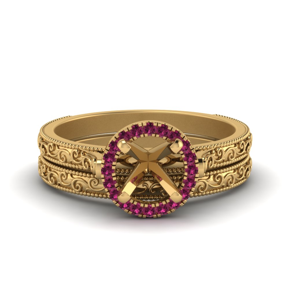 hand-engraved-semi-mount-halo-diamond-wedding-ring-set-with-pink-sapphire-in-yellow-gold-FD8588ROSMGSADRPI-NL-YG?v=1757666482