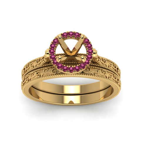 hand-engraved-semi-mount-halo-diamond-wedding-ring-set-with-pink-sapphire-in-yellow-gold-FD8588ROSMGSADRPIANGLE5-NL-YG?v=1757666482