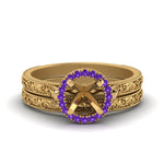 Load image into Gallery viewer, hand-engraved-semi-mount-halo-diamond-wedding-ring-set-with-purple-topaz-in-yellow-gold-FD8588ROSMGVITO-NL-YG?v=1757666482
