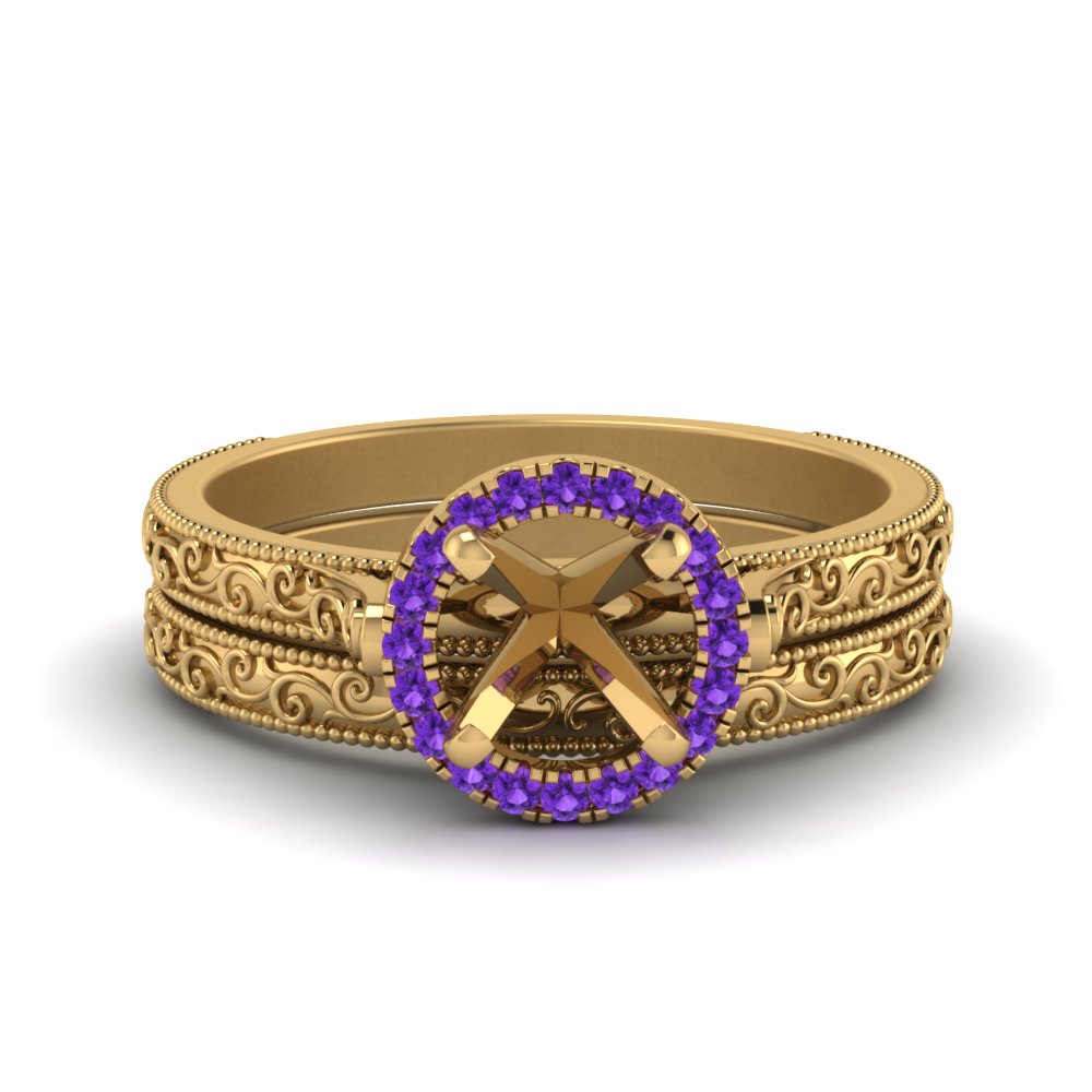 hand-engraved-semi-mount-halo-diamond-wedding-ring-set-with-purple-topaz-in-yellow-gold-FD8588ROSMGVITO-NL-YG?v=1757666482