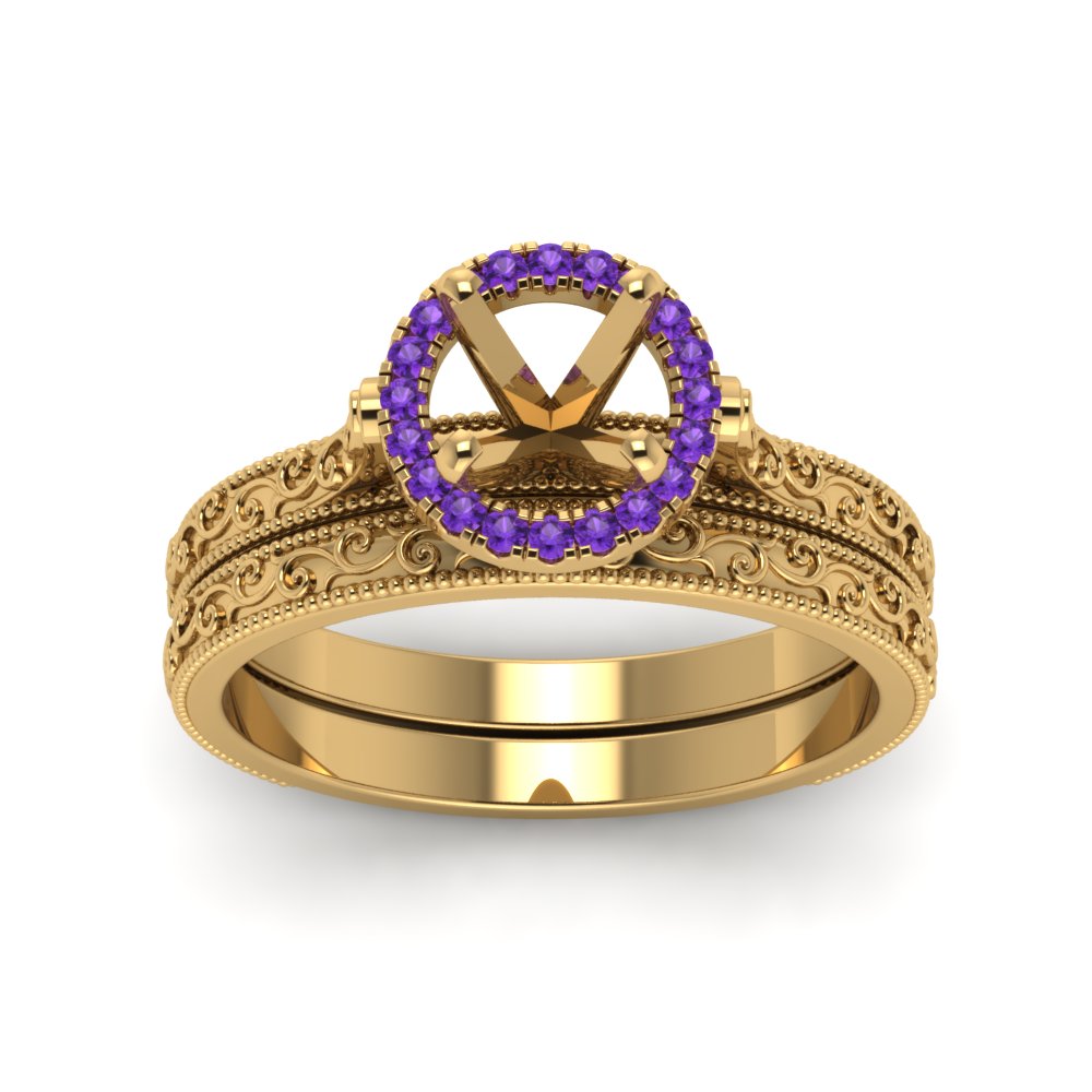 hand-engraved-semi-mount-halo-diamond-wedding-ring-set-with-purple-topaz-in-yellow-gold-FD8588ROSMGVITOANGLE5-NL-YG?v=1757666482
