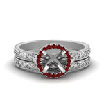 Load image into Gallery viewer, hand-engraved-semi-mount-halo-diamond-wedding-ring-set-with-ruby-in-white-gold-FD8588ROSMGRUDR-NL-WG?v=1757666482
