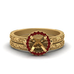 Load image into Gallery viewer, hand-engraved-semi-mount-halo-diamond-wedding-ring-set-with-ruby-in-yellow-gold-FD8588ROSMGRUDR-NL-YG?v=1757666482

