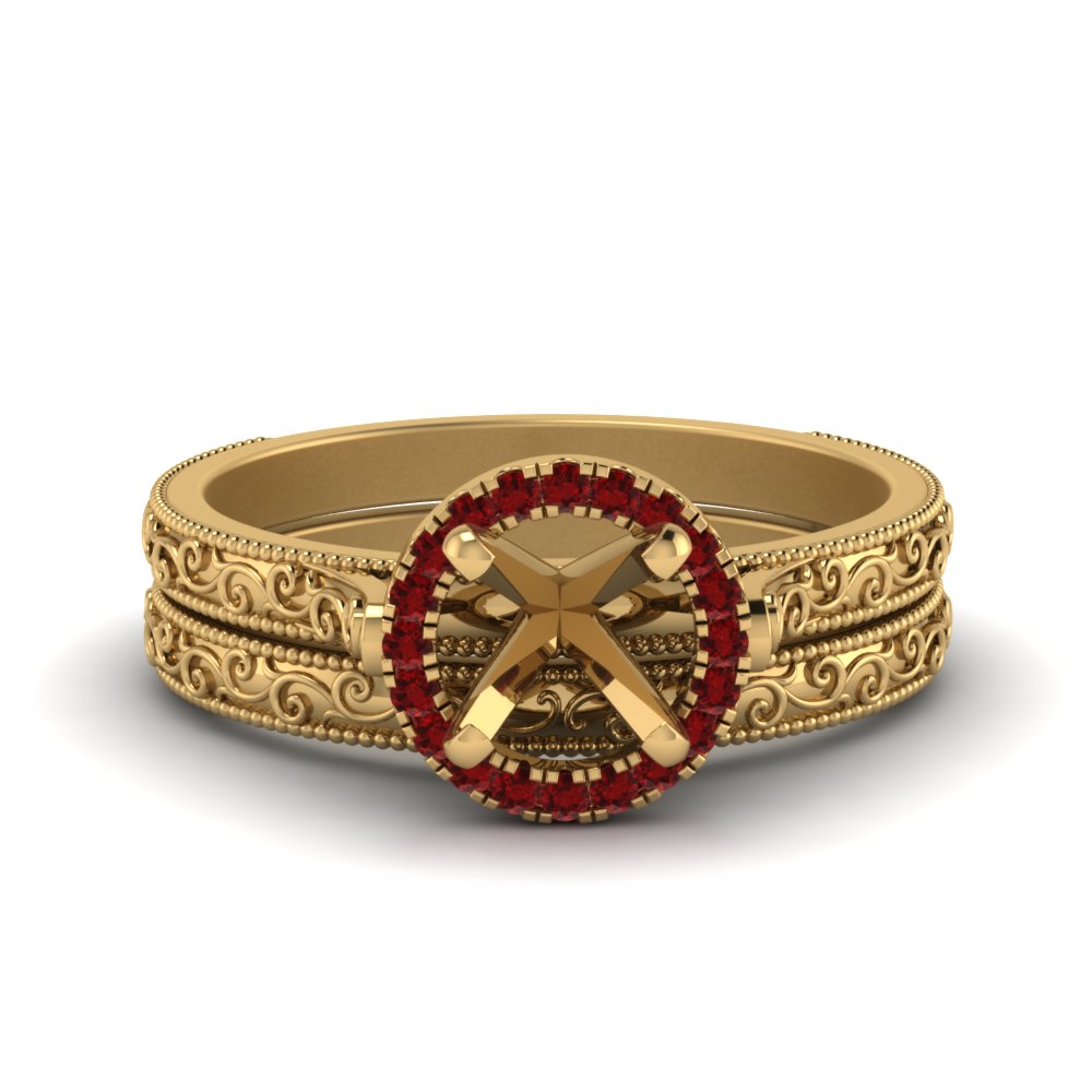 hand-engraved-semi-mount-halo-diamond-wedding-ring-set-with-ruby-in-yellow-gold-FD8588ROSMGRUDR-NL-YG?v=1757666482