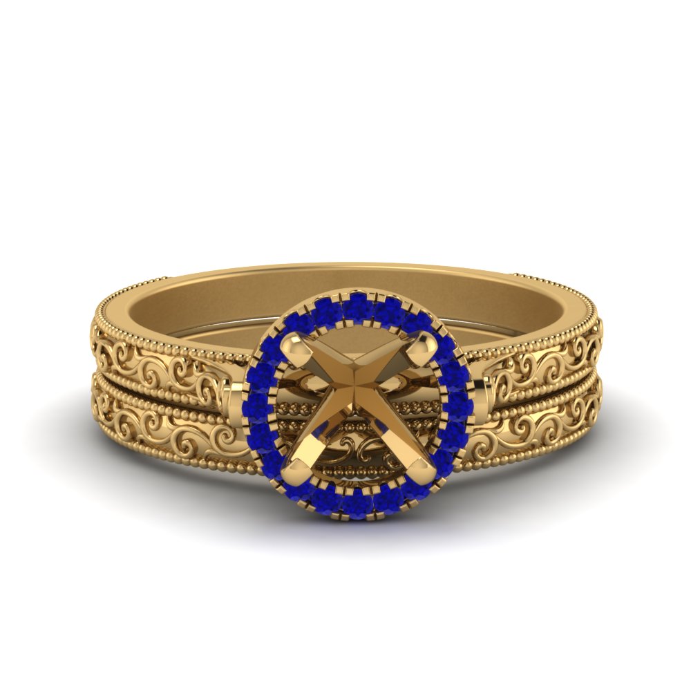 hand-engraved-semi-mount-halo-diamond-wedding-ring-set-with-sapphire-in-yellow-gold-FD8588ROSMGSABL-NL-YG?v=1757666482