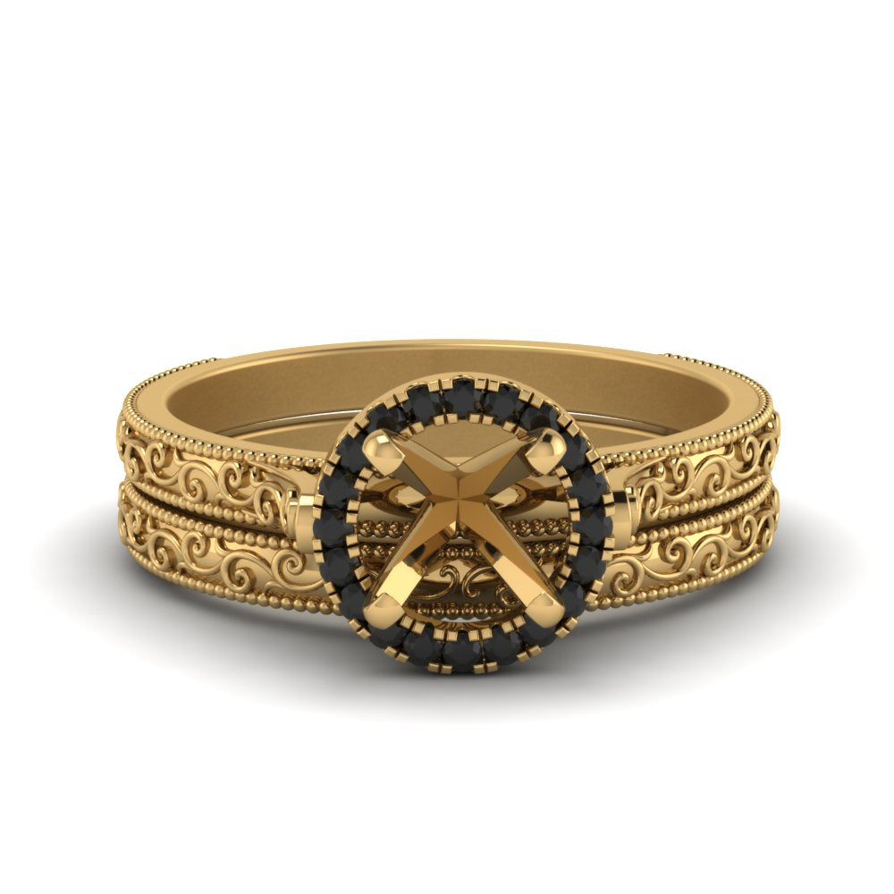 hand-engraved-semi-mount-halo-wedding-ring-set-with-black-diamond-in-yellow-gold-FD8588ROSMGBLACK-NL-YG?v=1757666482