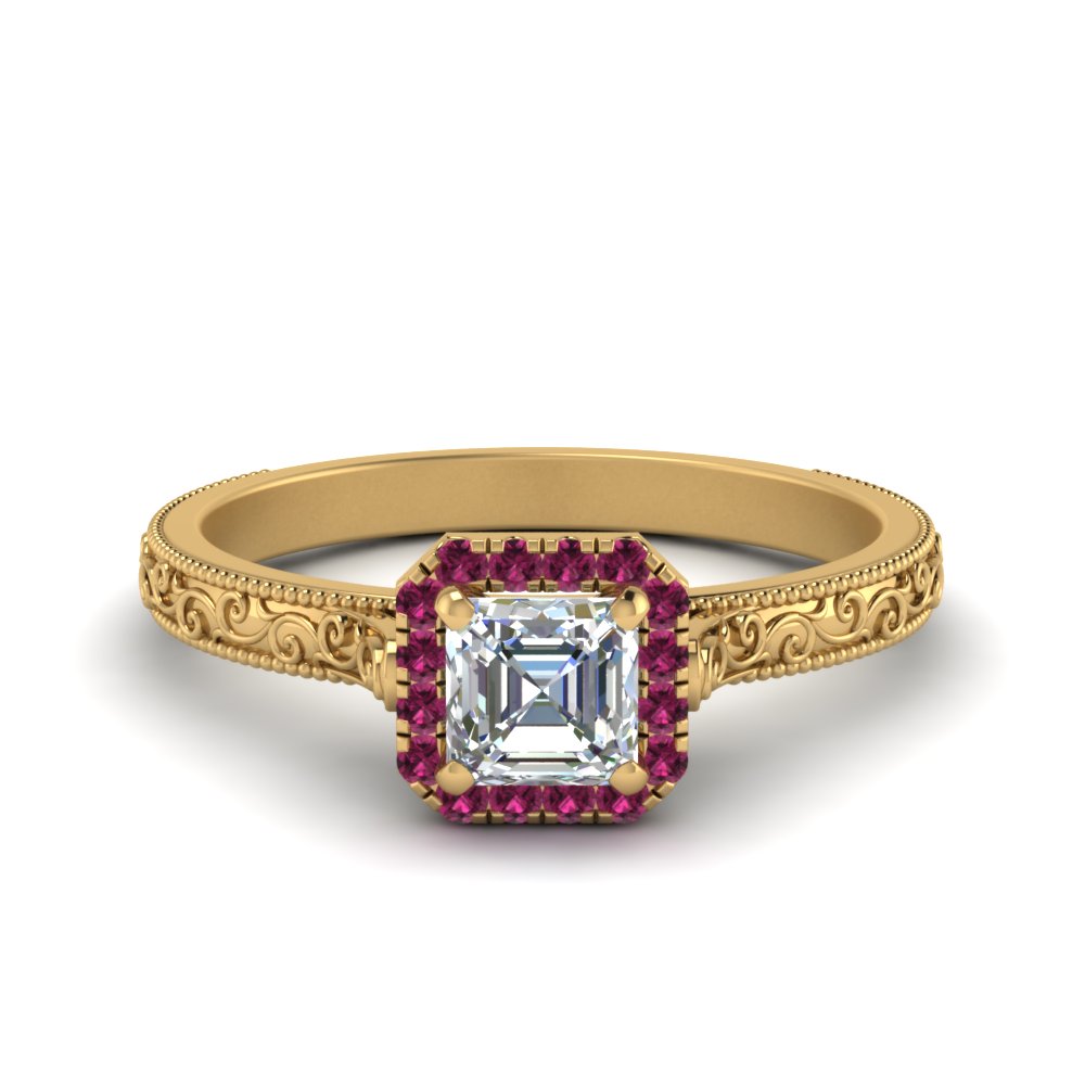 hand-engraved-vintage-asscher-diamond-engagement-ring-with-pink-sapphire-halo-in-yellow-gold-FD8588ASRGSADRPI-NL-YG?v=1757588473