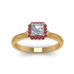 Load image into Gallery viewer, hand-engraved-vintage-asscher-diamond-engagement-ring-with-pink-sapphire-halo-in-yellow-gold-FD8588ASRGSADRPIANGLE5-NL-YG?v=1757588473
