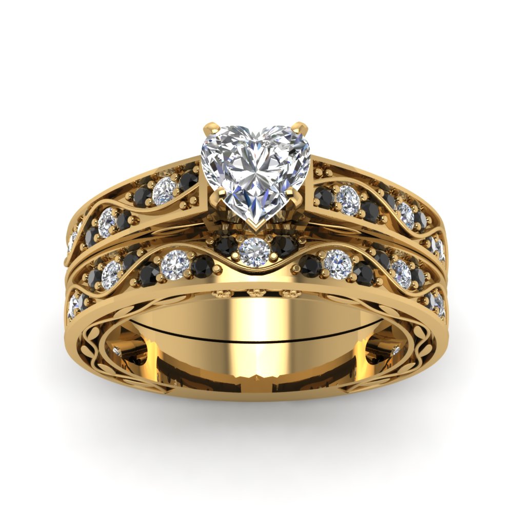 heart-cut-antique-filigree-wedding-ring-set-with-black-diamond-in-yellow-gold-FDENS3543HTGBLACKANGLE5-NL-YG