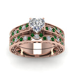 Load image into Gallery viewer, heart-cut-antique-filigree-wedding-ring-set-with-emerald-in-rose-gold-FDENS3543HTGEMGRANGLE5-NL-RG
