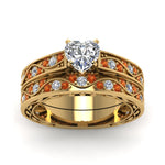 Load image into Gallery viewer, heart-cut-antique-filigree-wedding-ring-set-with-orange-sapphire-in-yellow-gold-FDENS3543HTGSAORANGLE5-NL-YG
