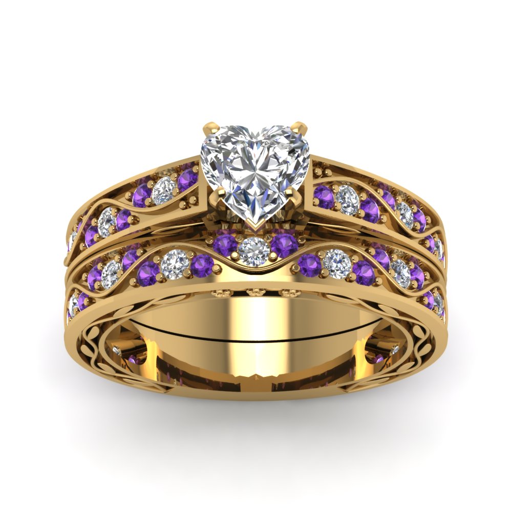 heart-cut-antique-filigree-wedding-ring-set-with-purple-amethyst-in-yellow-gold-FDENS3543HTGVITOANGLE5-NL-YG