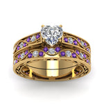 Load image into Gallery viewer, heart-cut-antique-filigree-wedding-ring-set-with-purple-amethyst-in-yellow-gold-FDENS3543HTGVITOANGLE5-NL-YG
