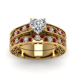 Load image into Gallery viewer, heart-cut-antique-filigree-wedding-ring-set-with-ruby-in-yellow-gold-FDENS3543HTGRUDRANGLE5-NL-YG
