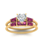 Load image into Gallery viewer, heart-shaped-bar-set-pink-sapphire-ring-with-matching-3-baguette-wedding-band-in-FDENS100HTGSADRPI-NL-YG
