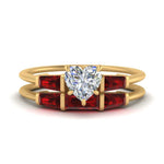 Load image into Gallery viewer, heart-shaped-bar-set-ruby-ring-with-matching-3-baguette-wedding-band-in-FDENS100HTGRUDR-NL-YG
