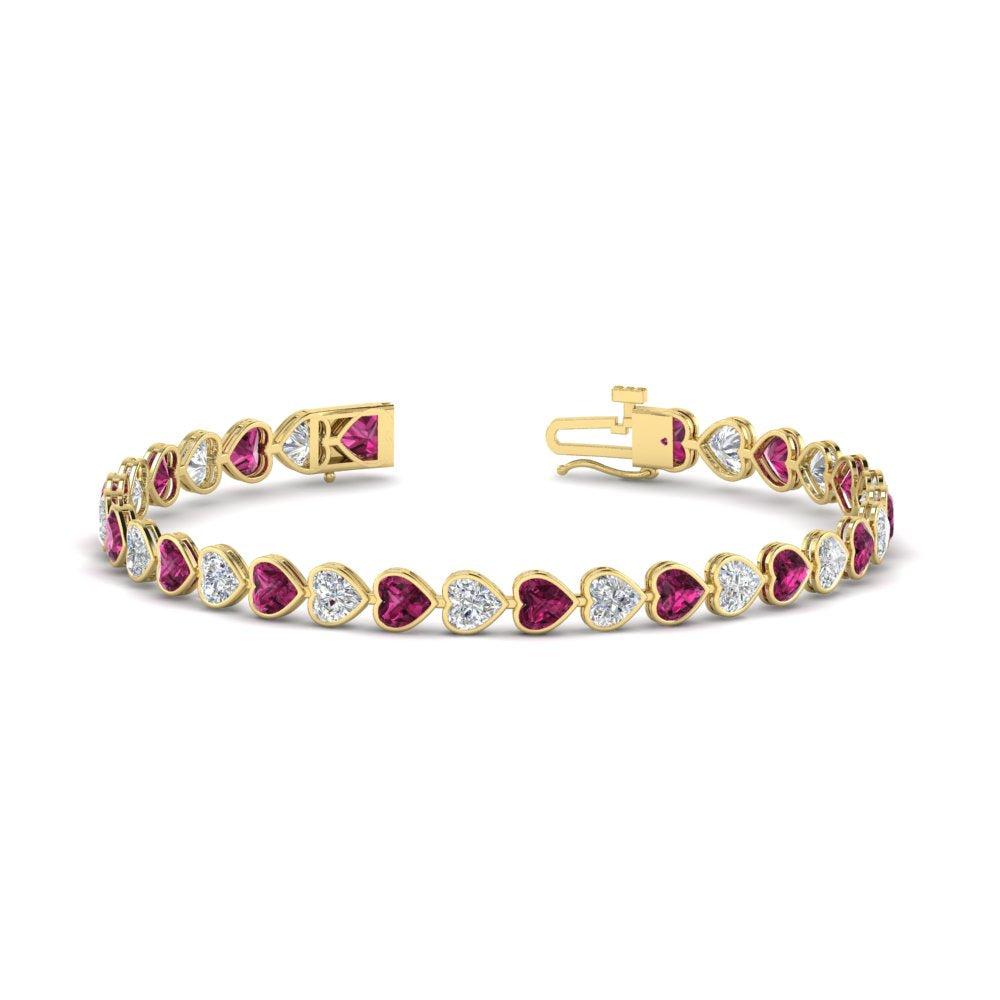 heart-shaped-diamond-bezel-tennis-bracelet-7-75-carat-with-pink-sapphire-in-yellow-gold-fdbrc10581htgsadrpiangle2-7-75-ct-nl-yg