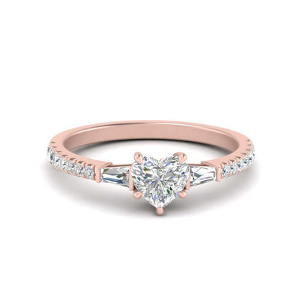 Heart Shape Lab Diamond Ring with Baguette Side Stones