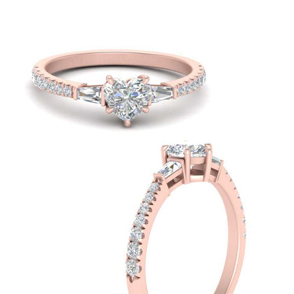 Heart Shape Lab Diamond Ring with Baguette Side Stones