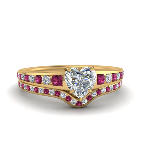 heart-shaped-graduated-channel-diamond-wedding-set-with-pink-sapphire-in-FD122866HTGSADRPI-NL-YG