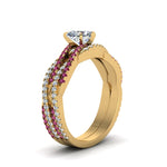 Load image into Gallery viewer, heart-shaped-simple-diamond-twisted-vine-bridal-ring-sets-with-pink-sapphire-in-14K-yellow-gold-FD8233HTGSADRPI-NL-YG
