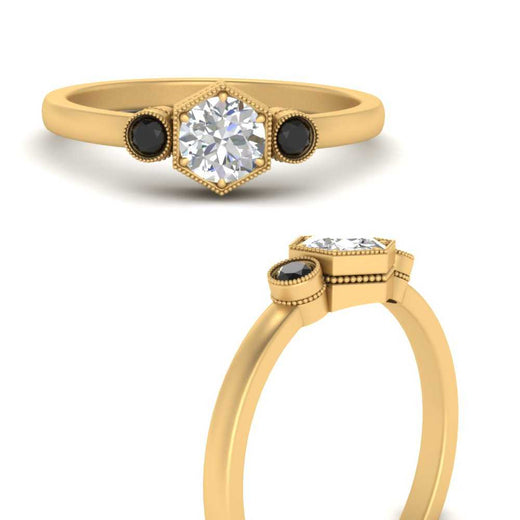 Hexagon Bezel 3 Round Stone Engagement Ring