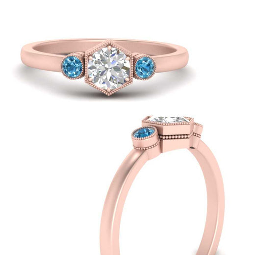 Hexagon Bezel 3 Round Stone Engagement Ring