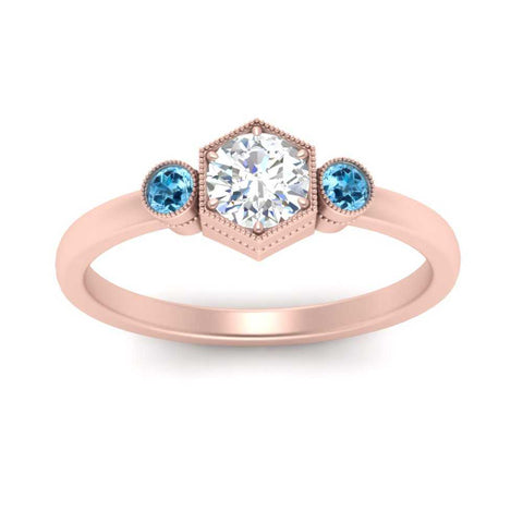 Hexagon Bezel 3 Round Stone Engagement Ring