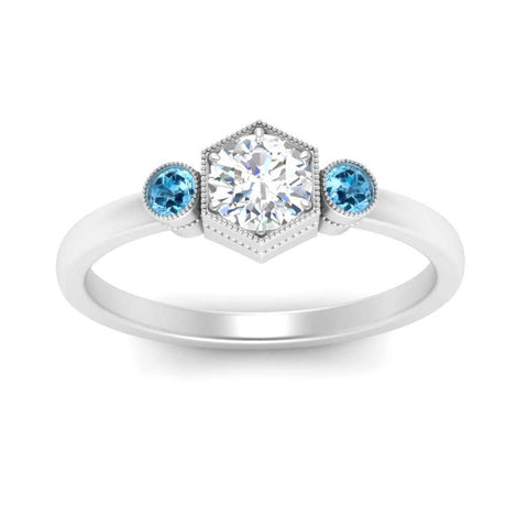 Hexagon Bezel 3 Round Stone Engagement Ring