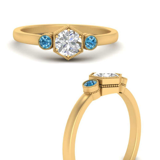 Hexagon Bezel 3 Round Stone Engagement Ring