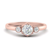 Hexagon Bezel 3 Round Stone Engagement Ring