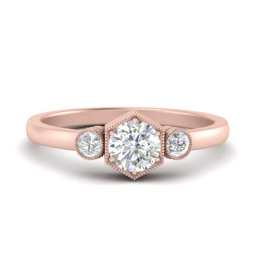 Hexagon Bezel 3 Round Stone Engagement Ring