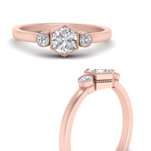 Hexagon Bezel 3 Round Stone Engagement Ring