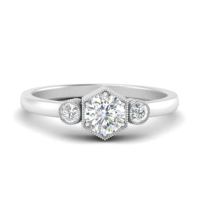 Hexagon Bezel 3 Round Stone Engagement Ring