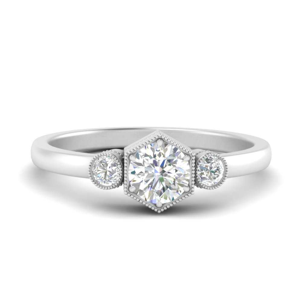 Hexagon Bezel 3 Round Stone Engagement Ring