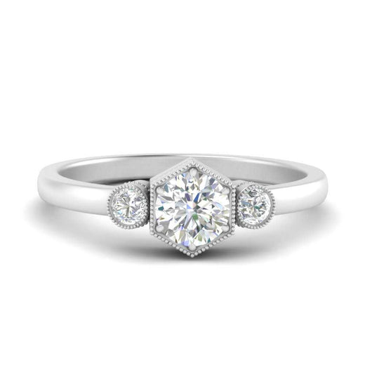Hexagon Bezel 3 Round Stone Engagement Ring