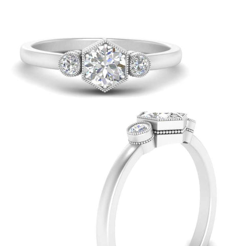 Hexagon Bezel 3 Round Stone Engagement Ring
