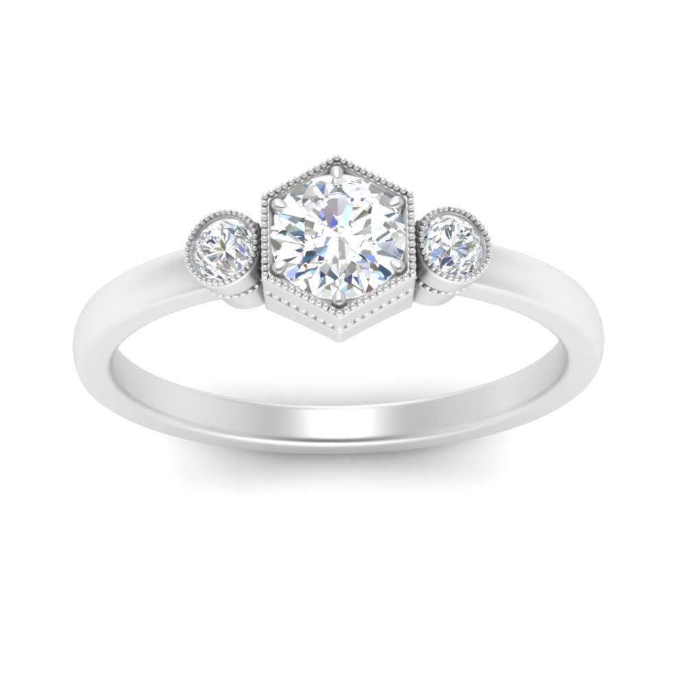 Hexagon Bezel 3 Round Stone Engagement Ring