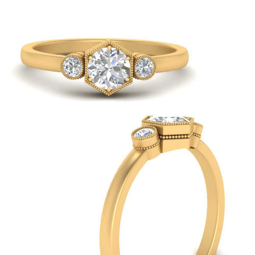 Hexagon Bezel 3 Round Stone Engagement Ring