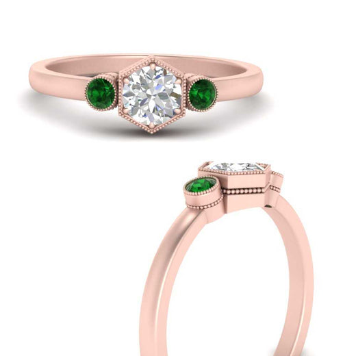Hexagon Bezel 3 Round Stone Engagement Ring