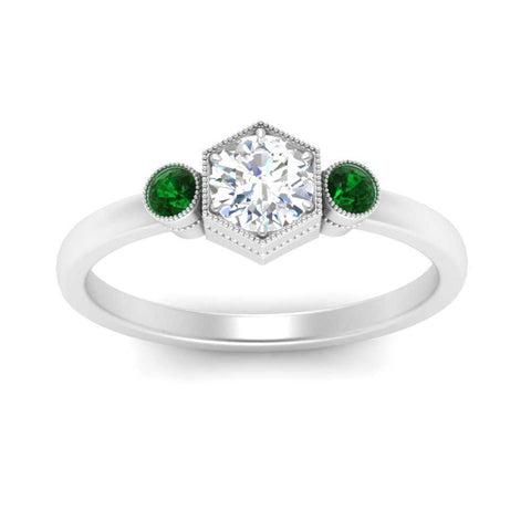 Hexagon Bezel 3 Round Stone Engagement Ring
