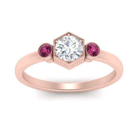 Hexagon Bezel 3 Round Stone Engagement Ring