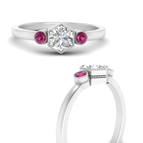 Hexagon Bezel 3 Round Stone Engagement Ring