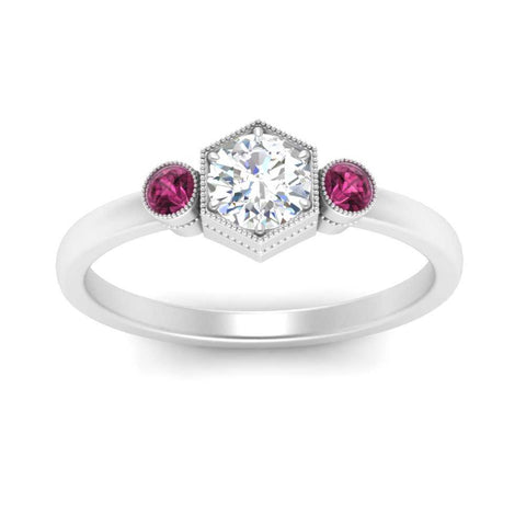 Hexagon Bezel 3 Round Stone Engagement Ring