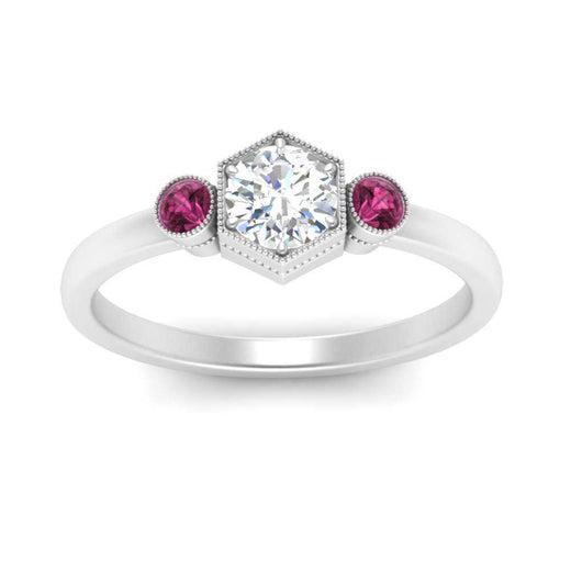 Hexagon Bezel 3 Round Stone Engagement Ring